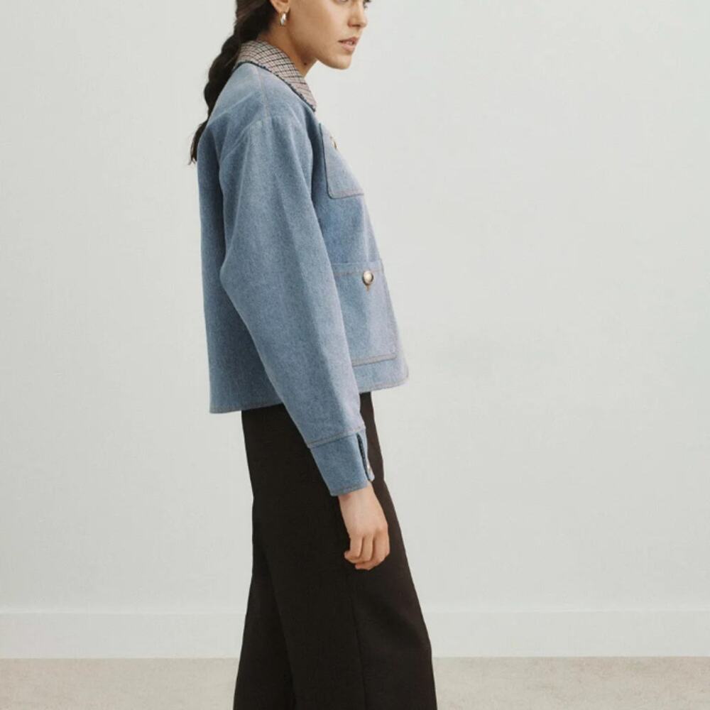 Sandro Denim Jacket SIZE 8 Oversized Barn Chore Coat Jean Tweed Designer $725 - Picture 4 of 12